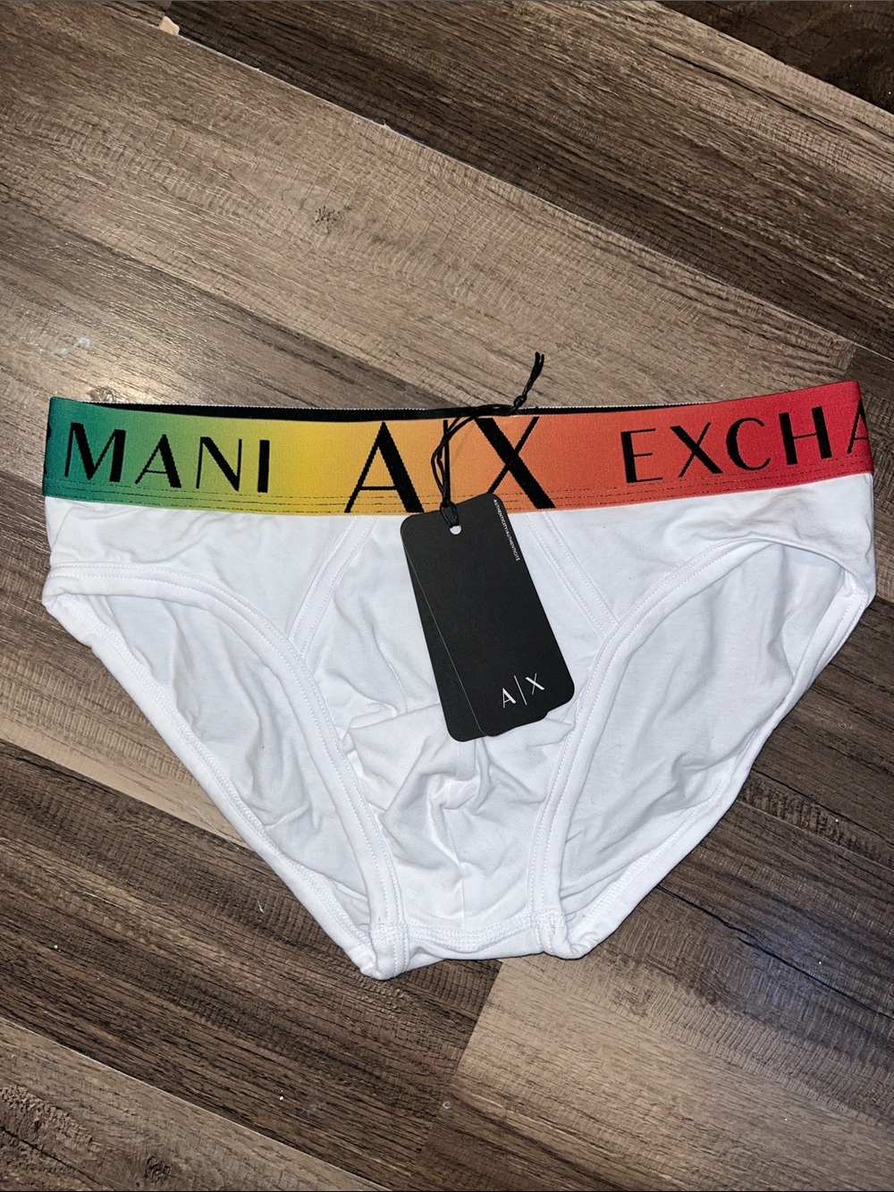 Armani Exchange White Bikini Briefs with Rainbow Logo Waistband